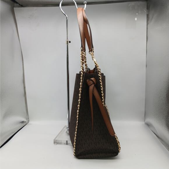 Michael Kors Large Mina Signature Logo Chain Shoulder Bag Handbag Teacher Brown - Picture 3 of 11
